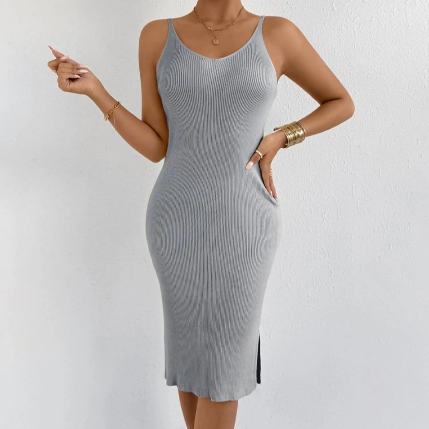 Women's Sleeveless Bodycon Dress Ribbed Knit Summer Midi Dress Casual Slim Fit Spaghetti Strap Dress