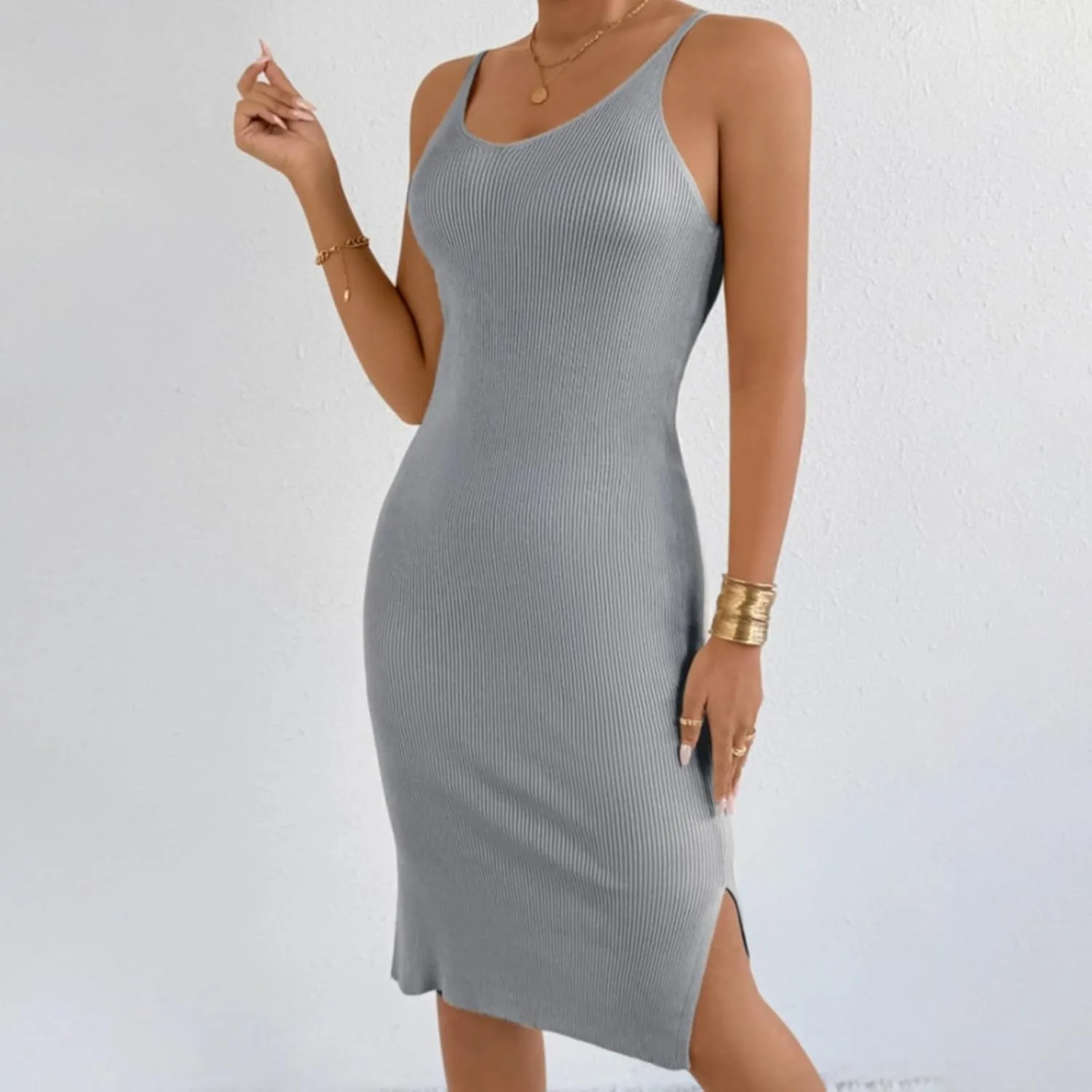 Women's Sleeveless Bodycon Dress Ribbed Knit Summer Midi Dress Casual Slim Fit Spaghetti Strap Dress