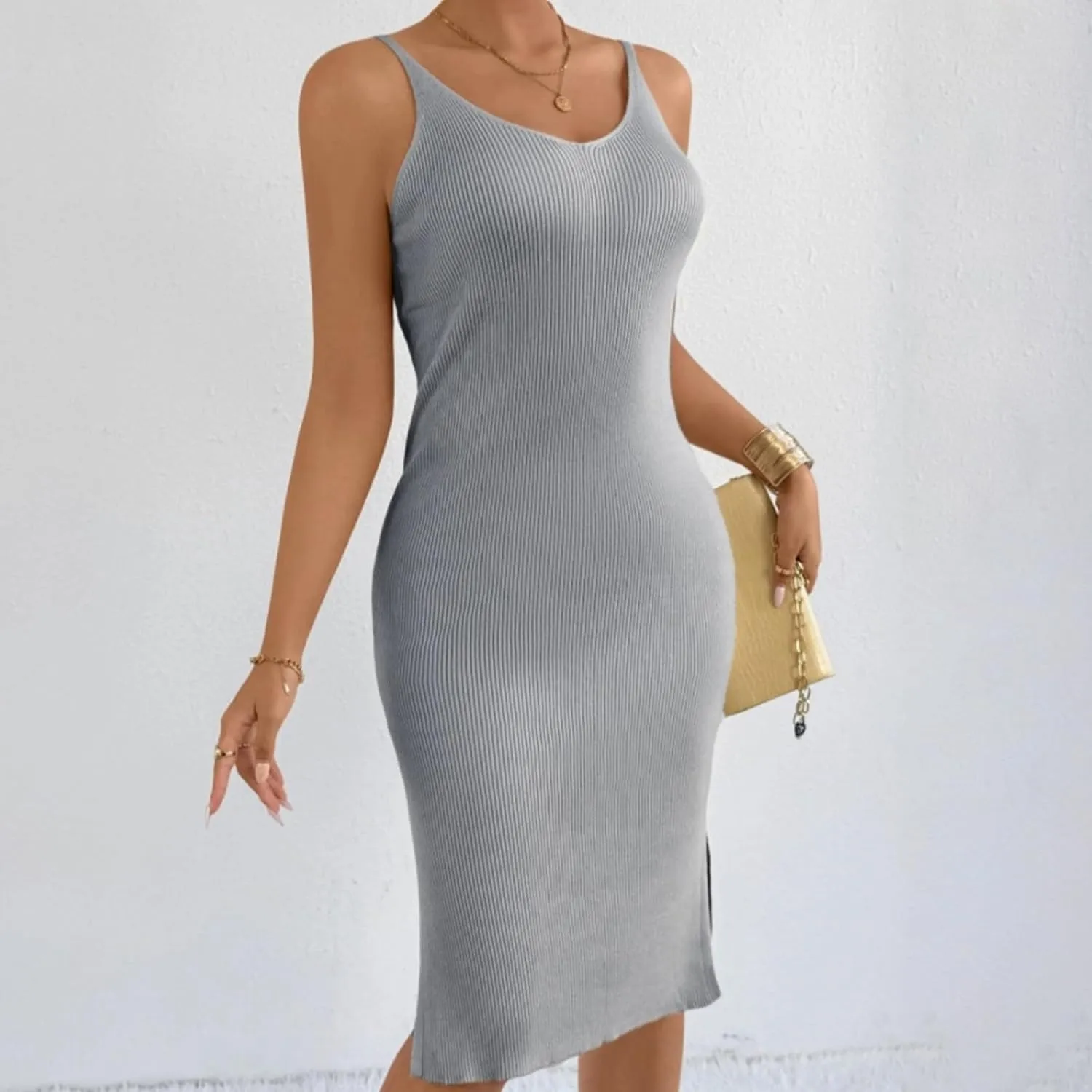 Women's Sleeveless Bodycon Dress Ribbed Knit Summer Midi Dress Casual Slim Fit Spaghetti Strap Dress