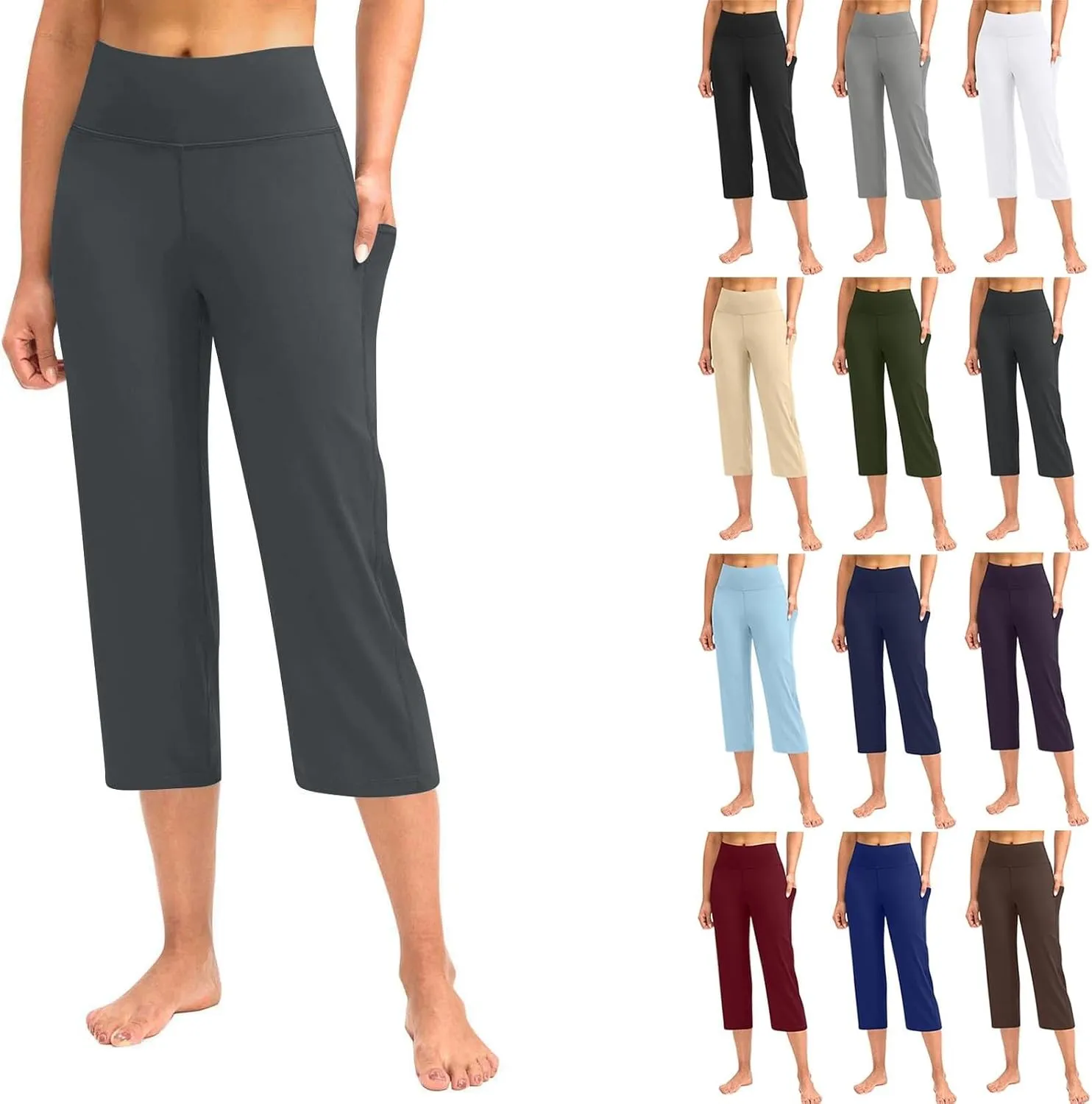 Womens Stretchy Yoga Cropped Pants High Waist Exercises Workout Leggings Tummy Control Straight Capris with Pockets