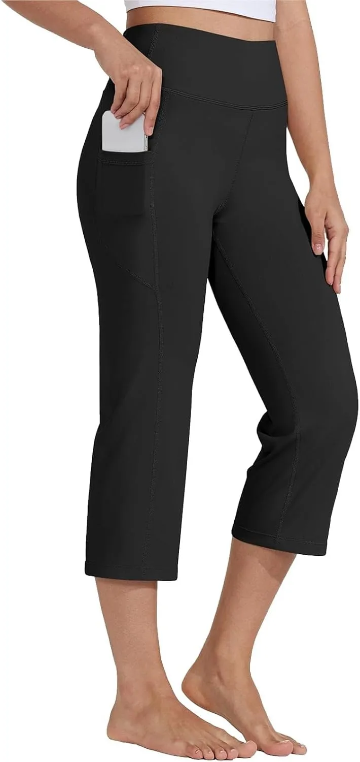 Womens Stretchy Yoga Cropped Pants High Waist Exercises Workout Leggings Tummy Control Straight Capris with Pockets
