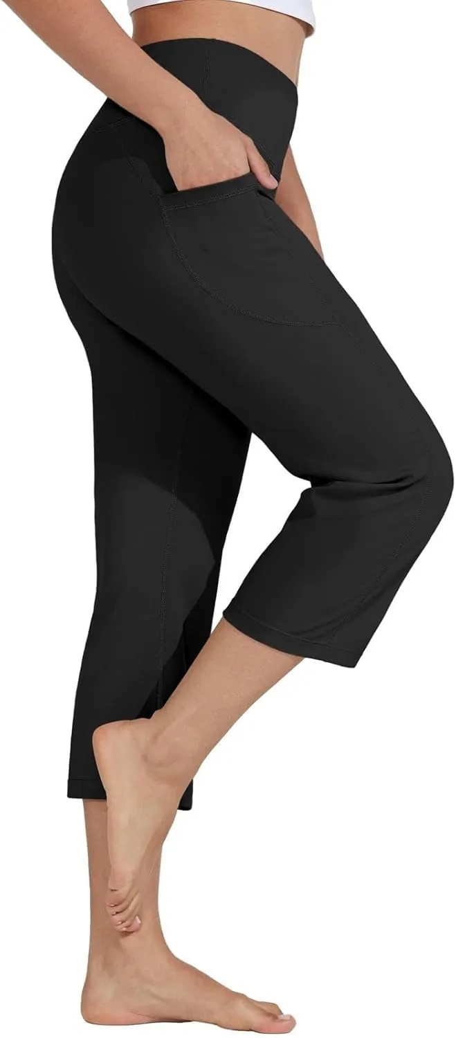Womens Stretchy Yoga Cropped Pants High Waist Exercises Workout Leggings Tummy Control Straight Capris with Pockets