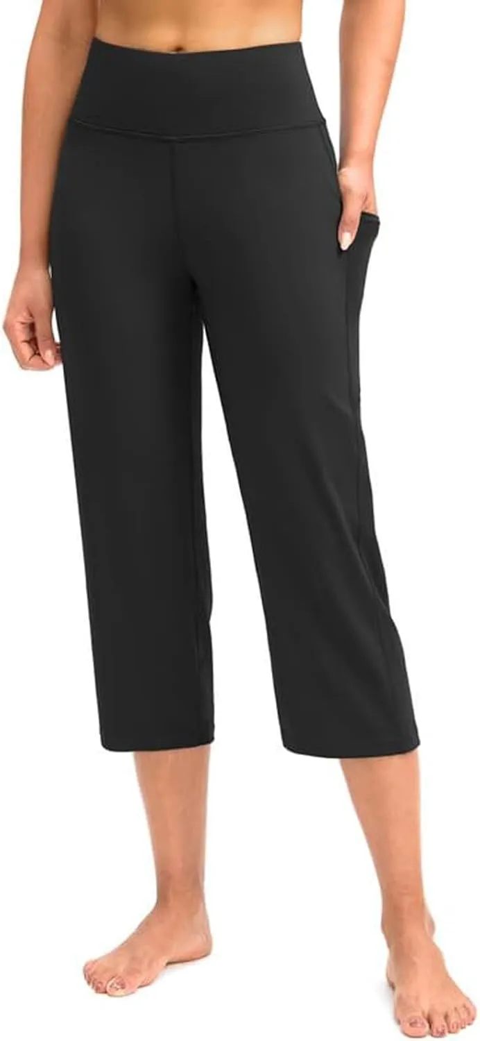 Womens Stretchy Yoga Cropped Pants High Waist Exercises Workout Leggings Tummy Control Straight Capris with Pockets